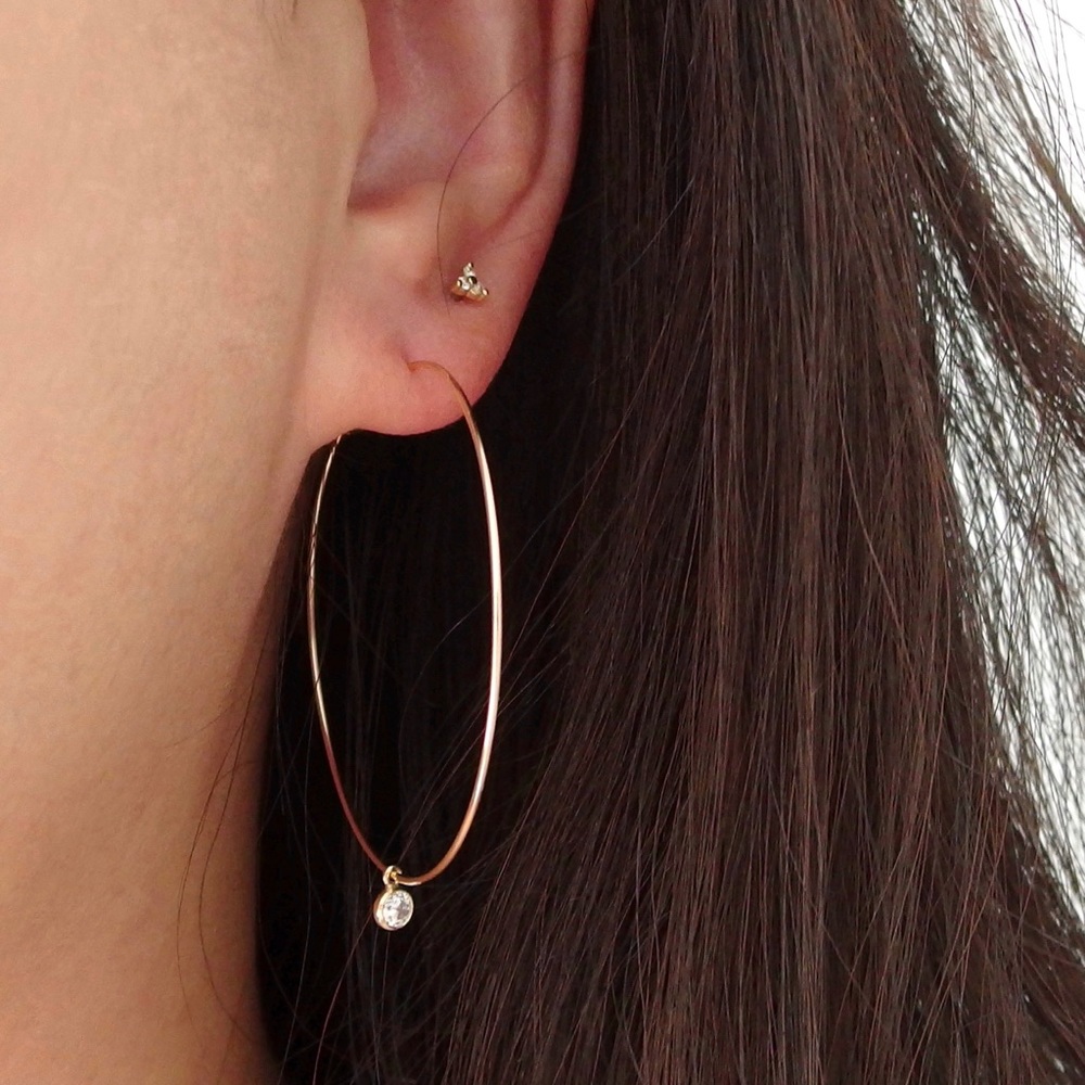 Large diamond cz hoop earrings 14k GF - Picture 2 of 8